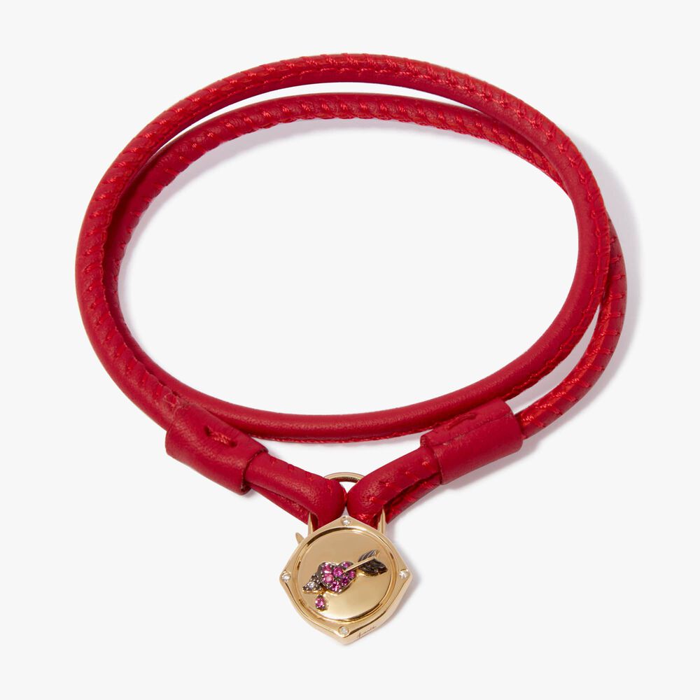 Lovelock 18ct Yellow Gold 41cms Red Leather Heart Charm Bracelet | Annoushka jewelley