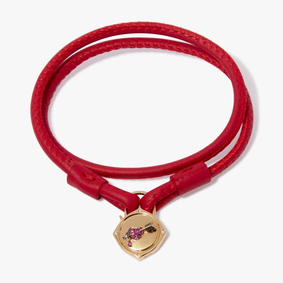 Lovelock 18ct Yellow Gold 41cms Red Leather Heart Charm Bracelet