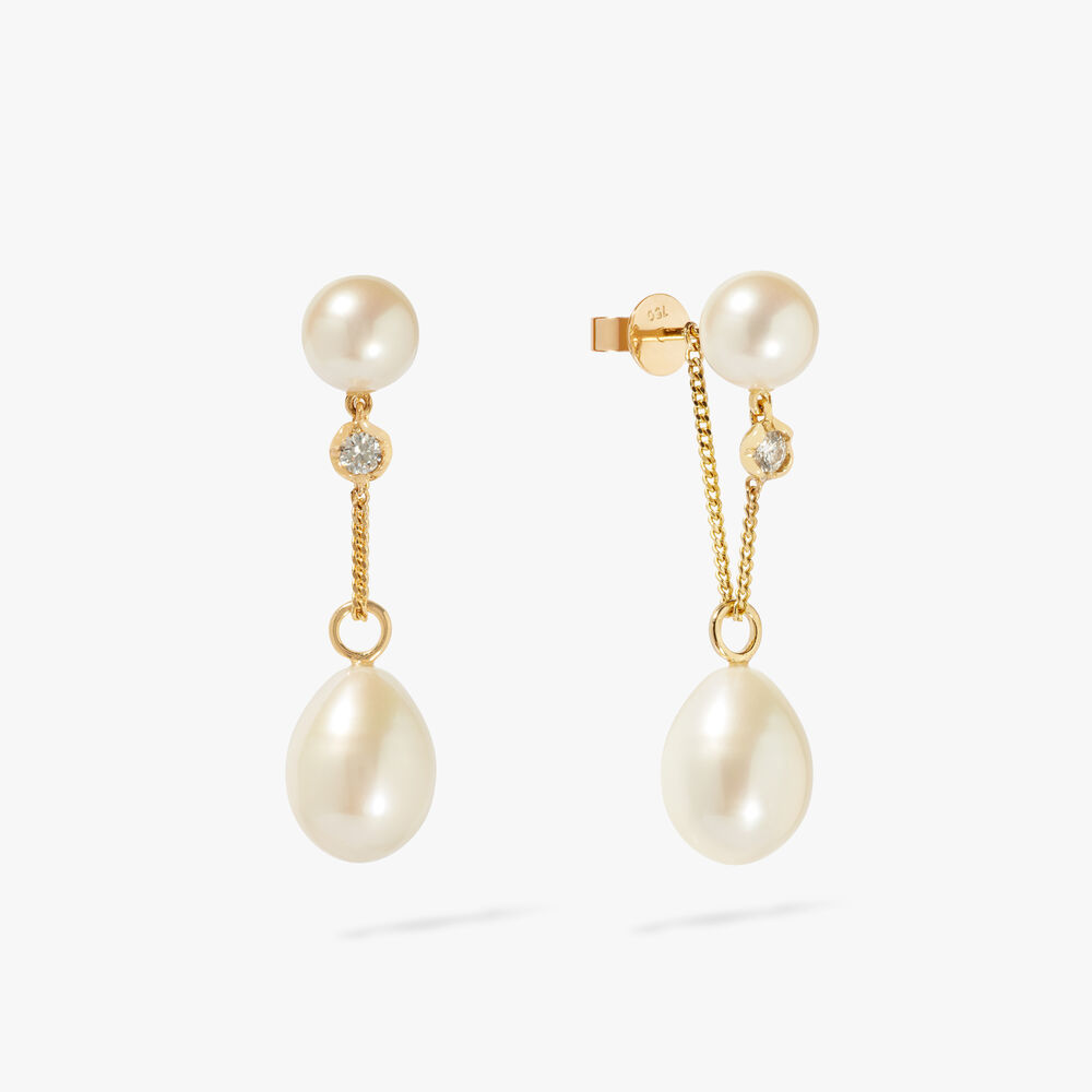 18ct Yellow Gold Pearl & Diamond Chain Earrings | Annoushka jewelley