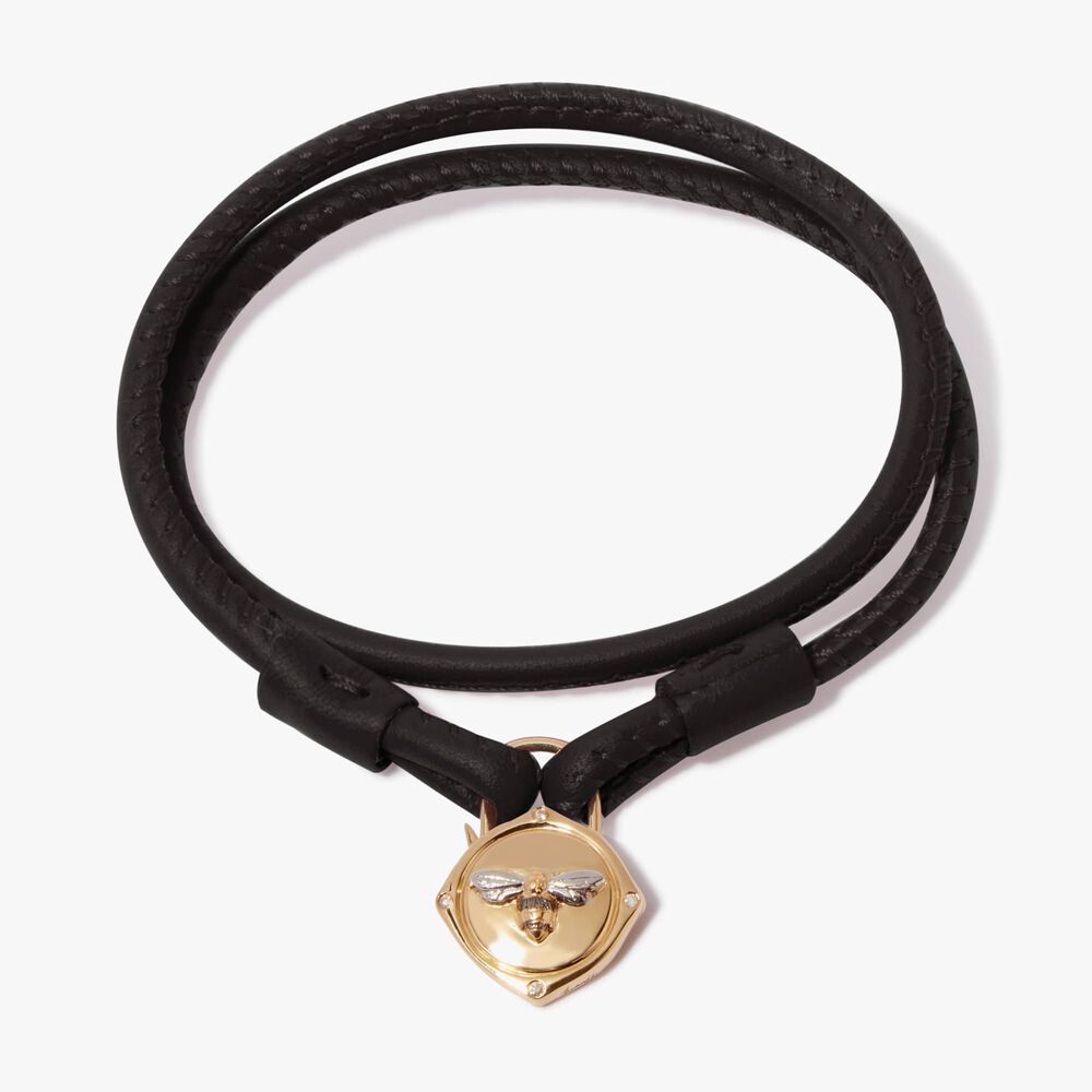 Lovelock 18ct Gold 41cms Black Leather Bee Charm Bracelet | Annoushka jewelley
