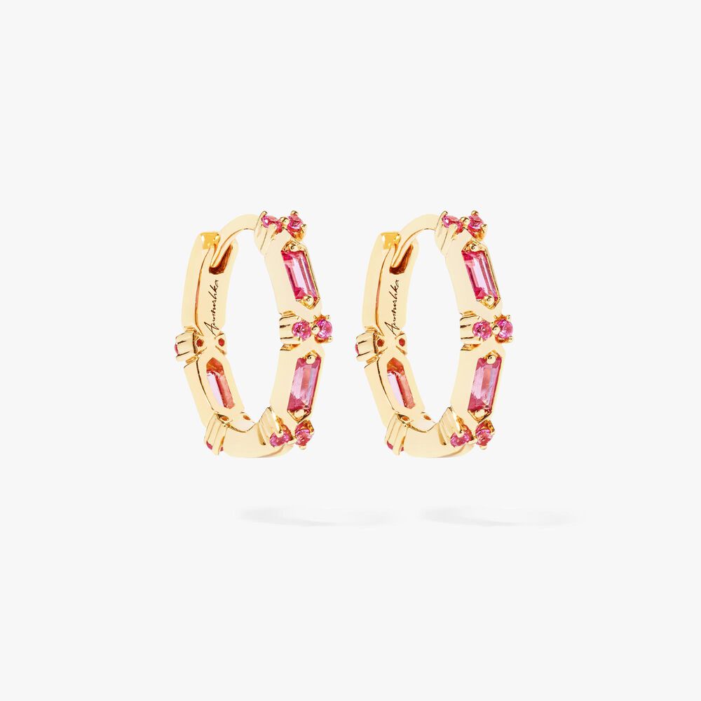 18ct Yellow Gold Baguette Pink Sapphire Hoop Earrings | Annoushka jewelley