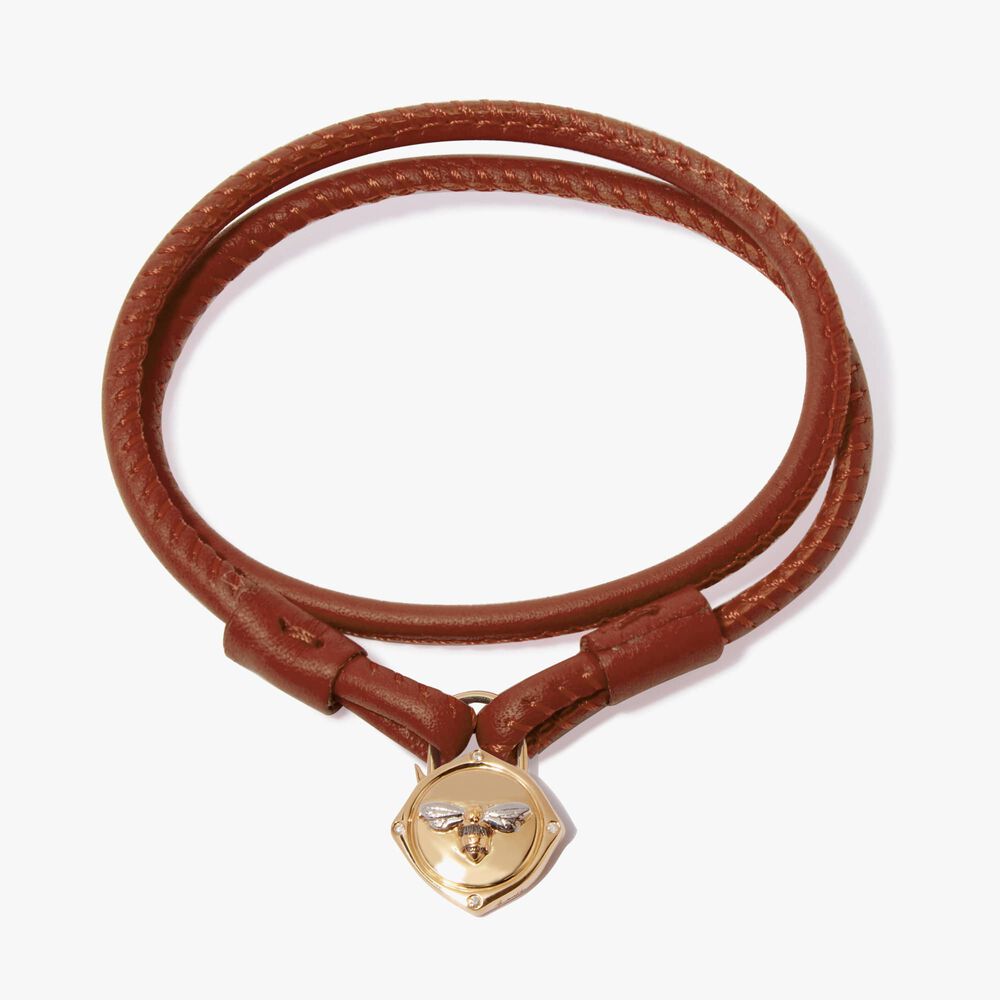 Lovelock 18ct Gold 41cms Brown Leather Bee Charm Bracelet | Annoushka jewelley