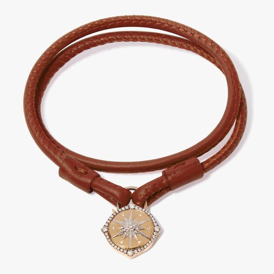 Lovelock 18ct Gold 41cms Brown Leather Star Charm Bracelet