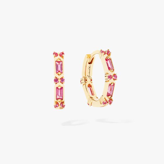 18ct Yellow Gold Baguette Pink Sapphire Hoop Earrings
