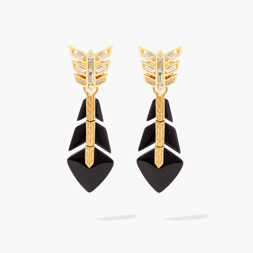 Flight 18ct Yellow Gold Baguette Diamond Arrow Feather Onyx Earrings | Annoushka jewelley