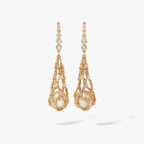 Lattice 18ct Yellow Gold Pearl & Diamond Net Earrings