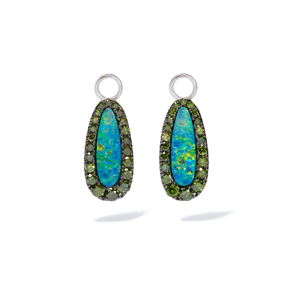 Unique 18ct White Gold Opal Green Diamond Earring Drops | Annoushka jewelley
