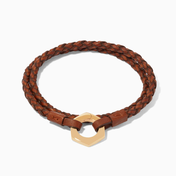 14ct Gold 35cms Plaited Brown Leather Bracelet