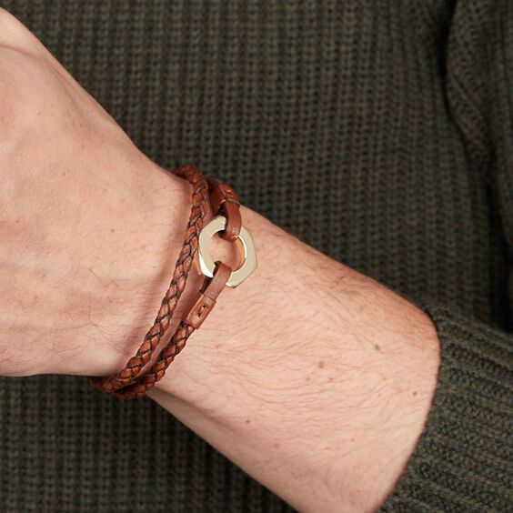 14ct Gold 41cms Plaited Brown Leather Bracelet