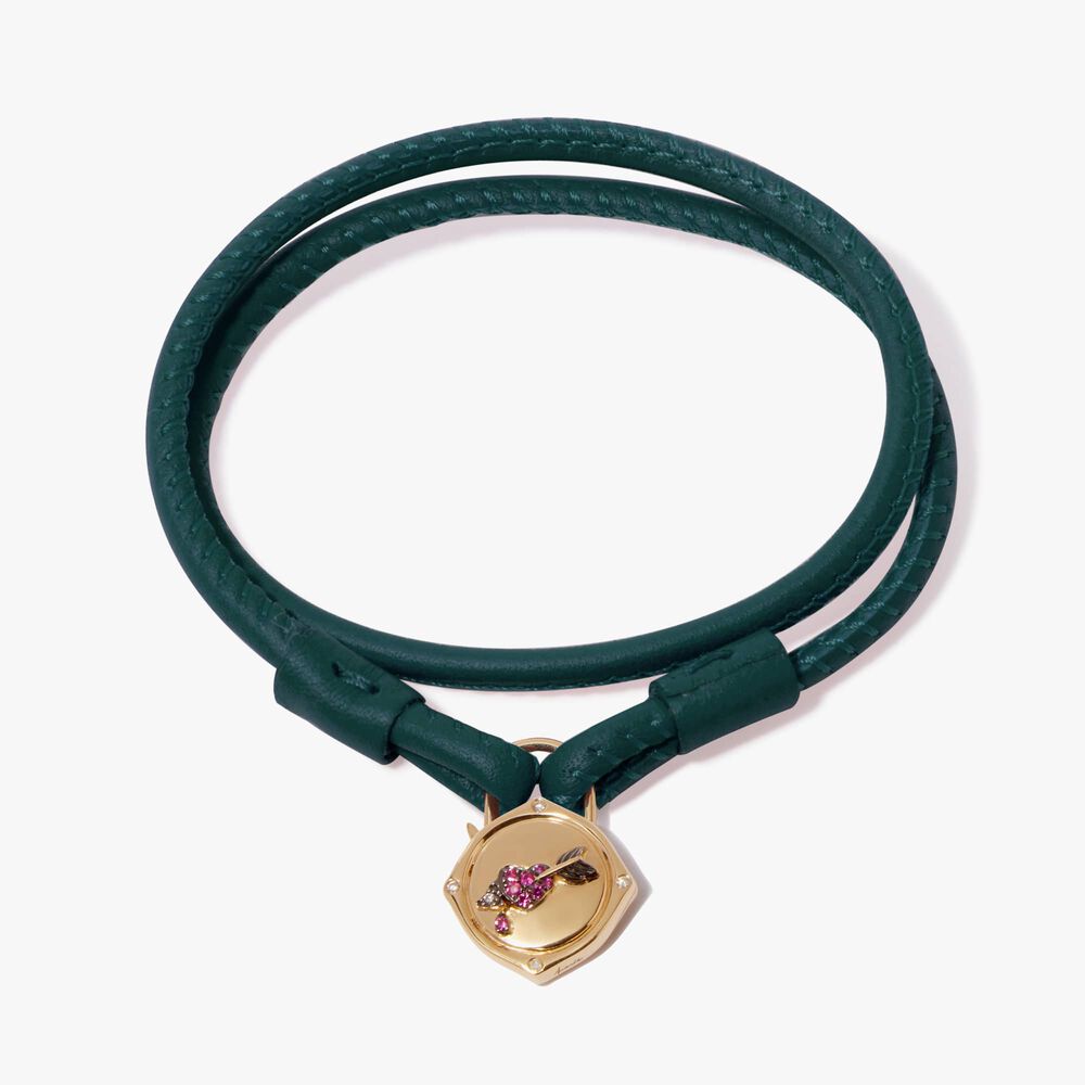 Lovelock 18ct Gold 41cms Green Leather Heart & Arrow Charm Bracelet | Annoushka jewelley