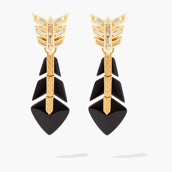 Flight 18ct Yellow Gold Baguette Diamond Arrow Feather Onyx Earrings