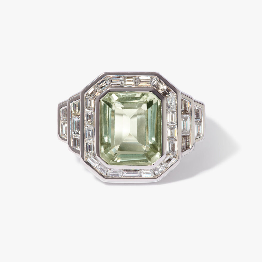 Deco Greta 18ct White Gold Green Amethyst & Diamond Ring | Annoushka jewelley