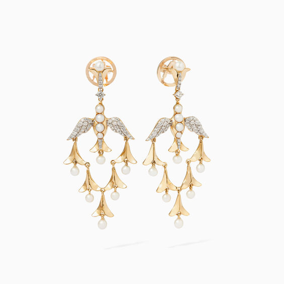 18ct Gold Pearl Diamond Lovebirds Chandelier Earrings