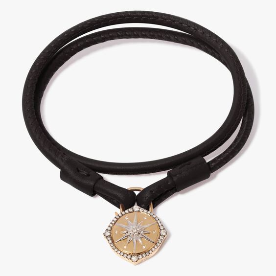 Lovelock 18ct Gold 41cms Black Leather Star Charm Bracelet