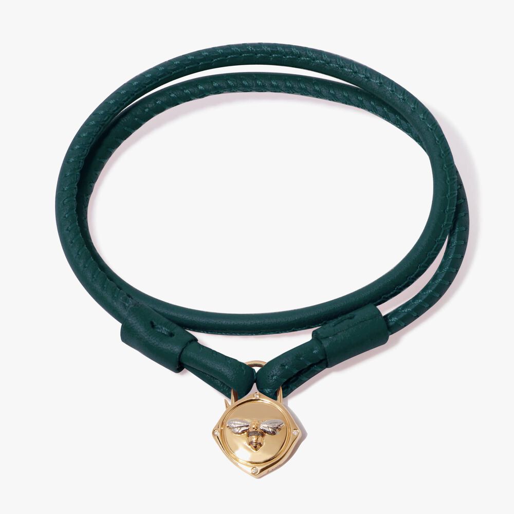 Lovelock 18ct Gold 41cms Green Leather Bee Charm Bracelet | Annoushka jewelley