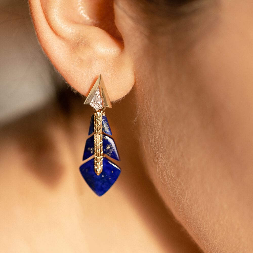 Flight 18ct Yellow Gold Lapis Lazuli & Diamond Feather Earrings | Annoushka jewelley