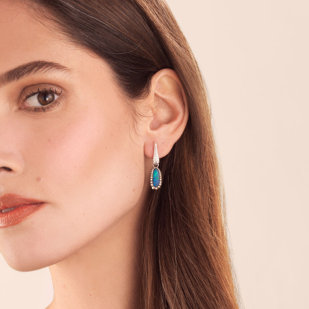 Unique 18ct White Gold Opal Brown Diamond Earring Drops | Annoushka jewelley