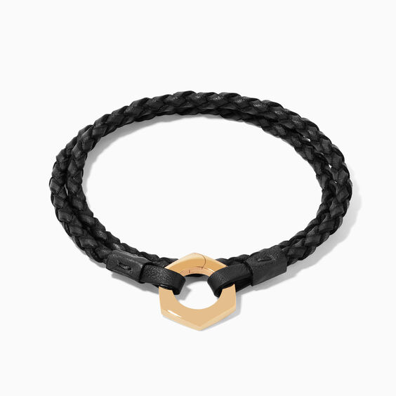 14ct Gold 35cms Plaited Black Leather Bracelet