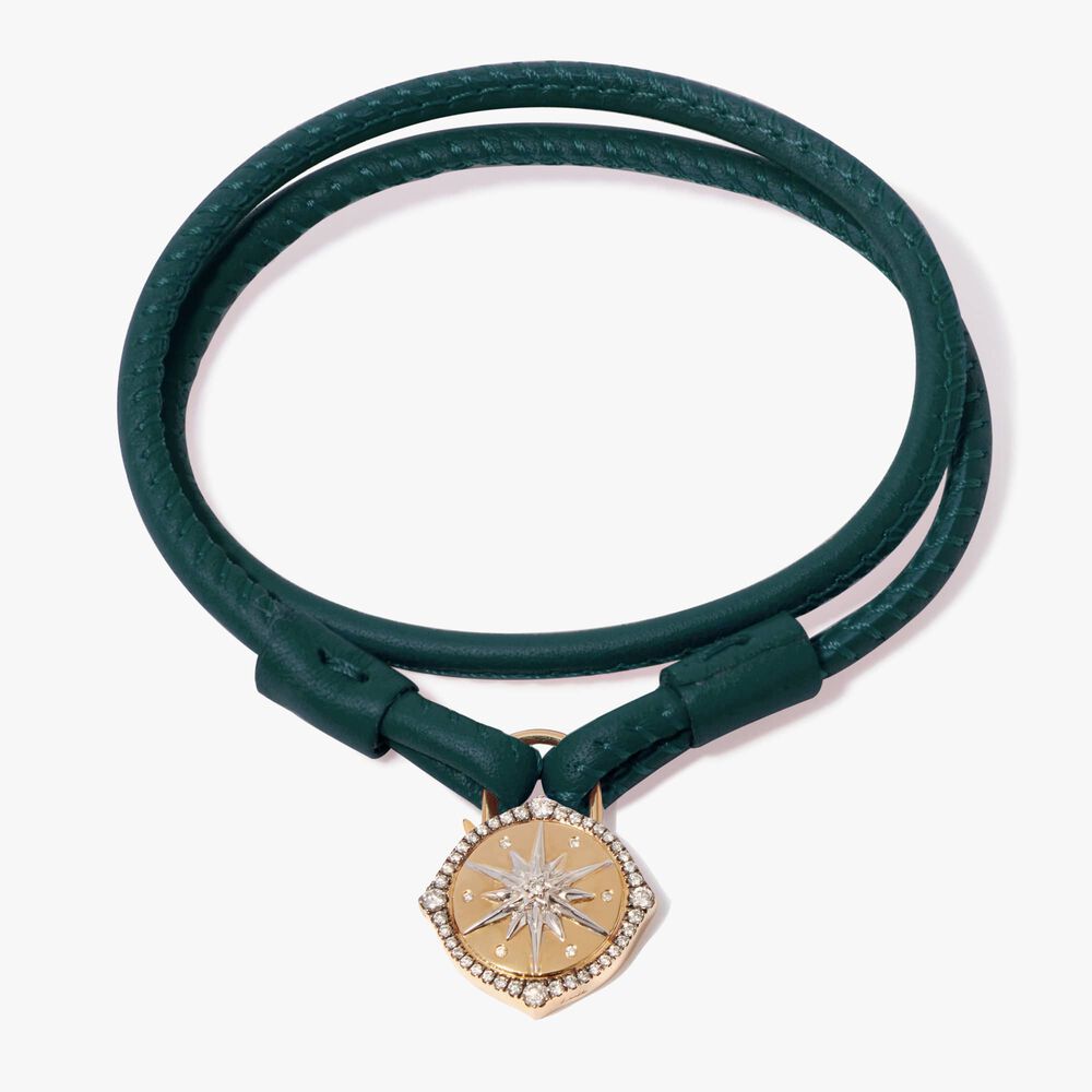 Lovelock 18ct Gold 41cms Green Leather Star Charm Bracelet | Annoushka jewelley
