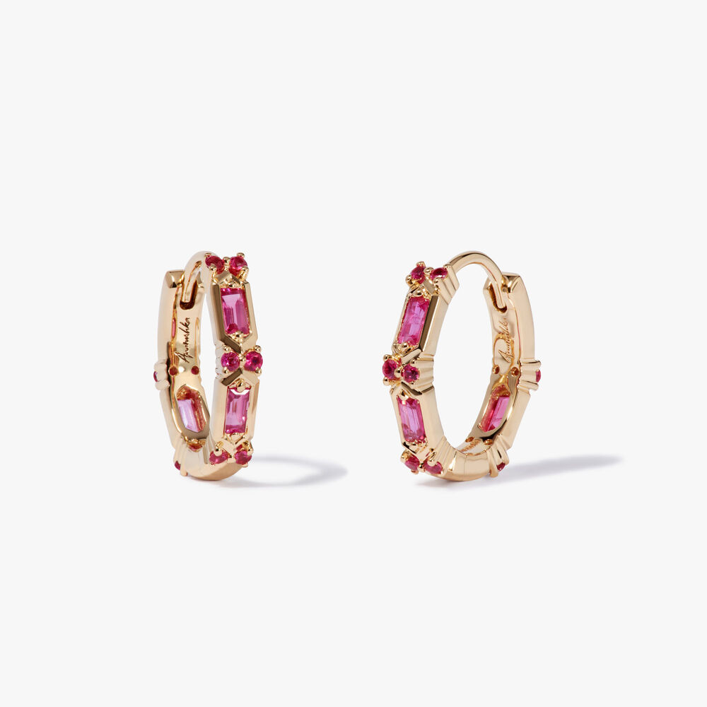 18ct Yellow Gold Baguette Pink Sapphire Hoop Earrings | Annoushka jewelley