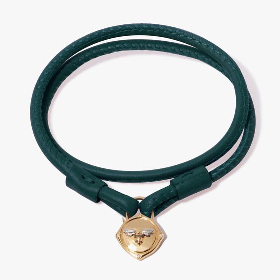 Lovelock 18ct Gold 35cms Green Leather Bee Charm Bracelet