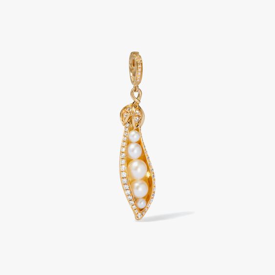 Peapod charm for necklace in 18k gold with pearls and diamonds