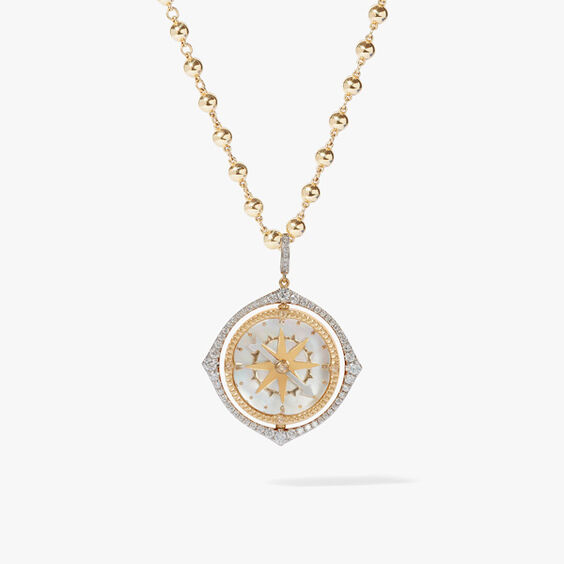 18ct Yellow Gold Pearl & Diamond Spinning Compass Necklace