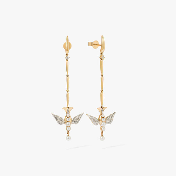 18ct Gold Pearl Diamond Lovebirds Stiletto Earrings