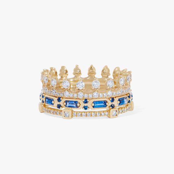 18ct Gold Blue Sapphire Crown Baguette Ring Stack