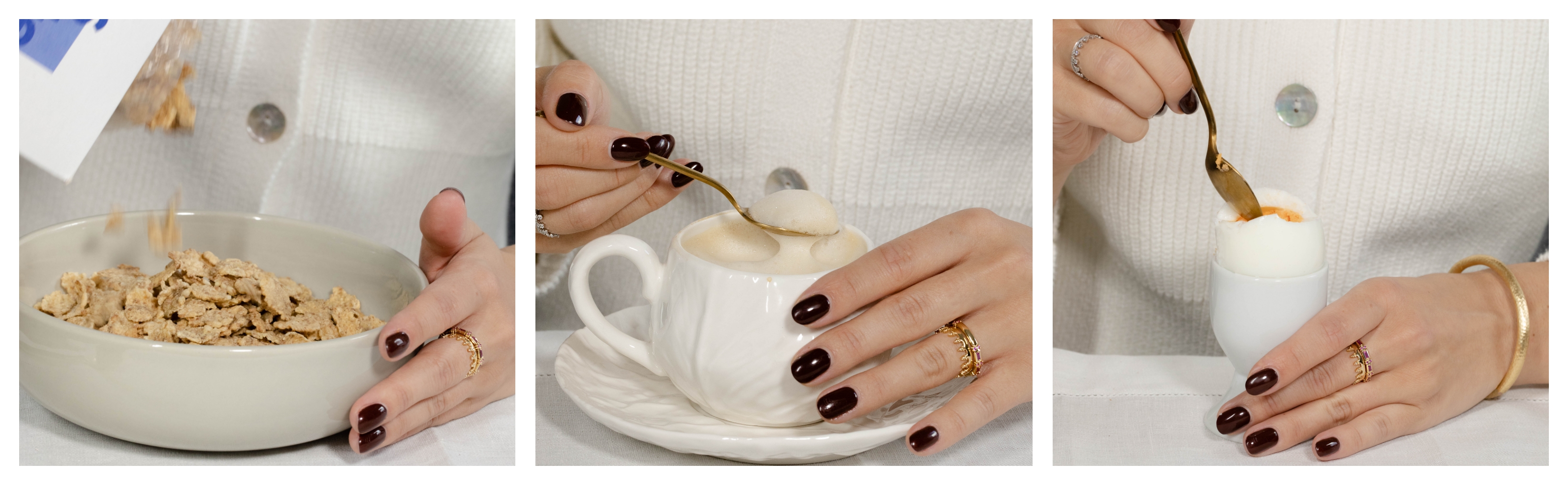 woman having cereal, coffee and egg wearing gold jewellery