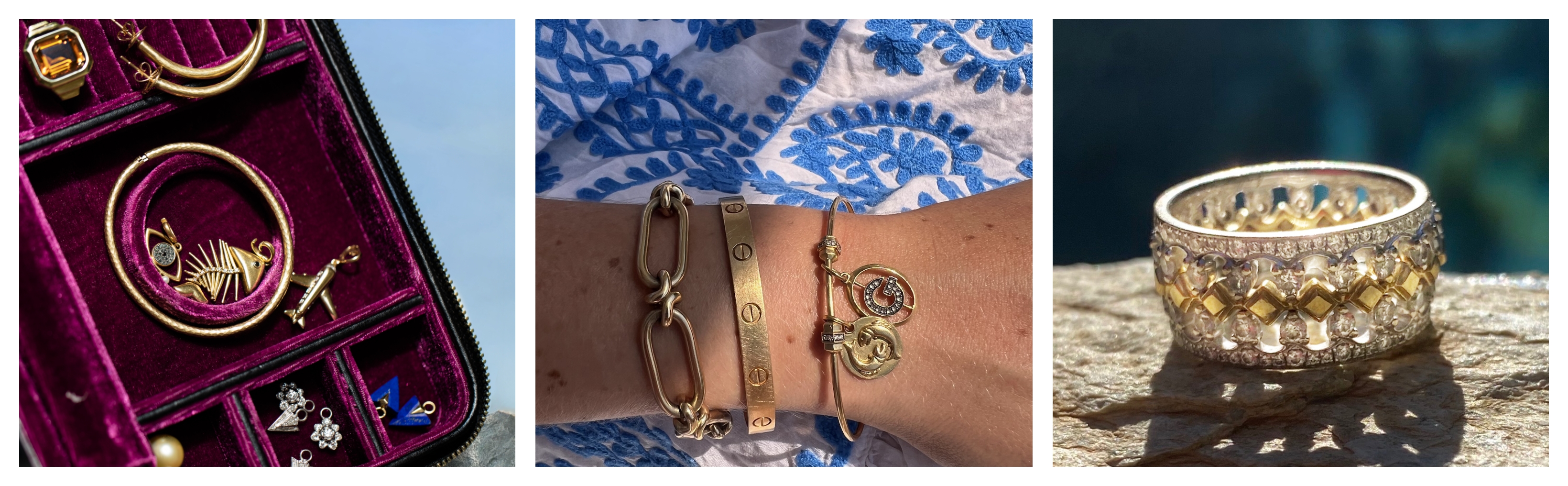 woman's wrist with gold bracelets